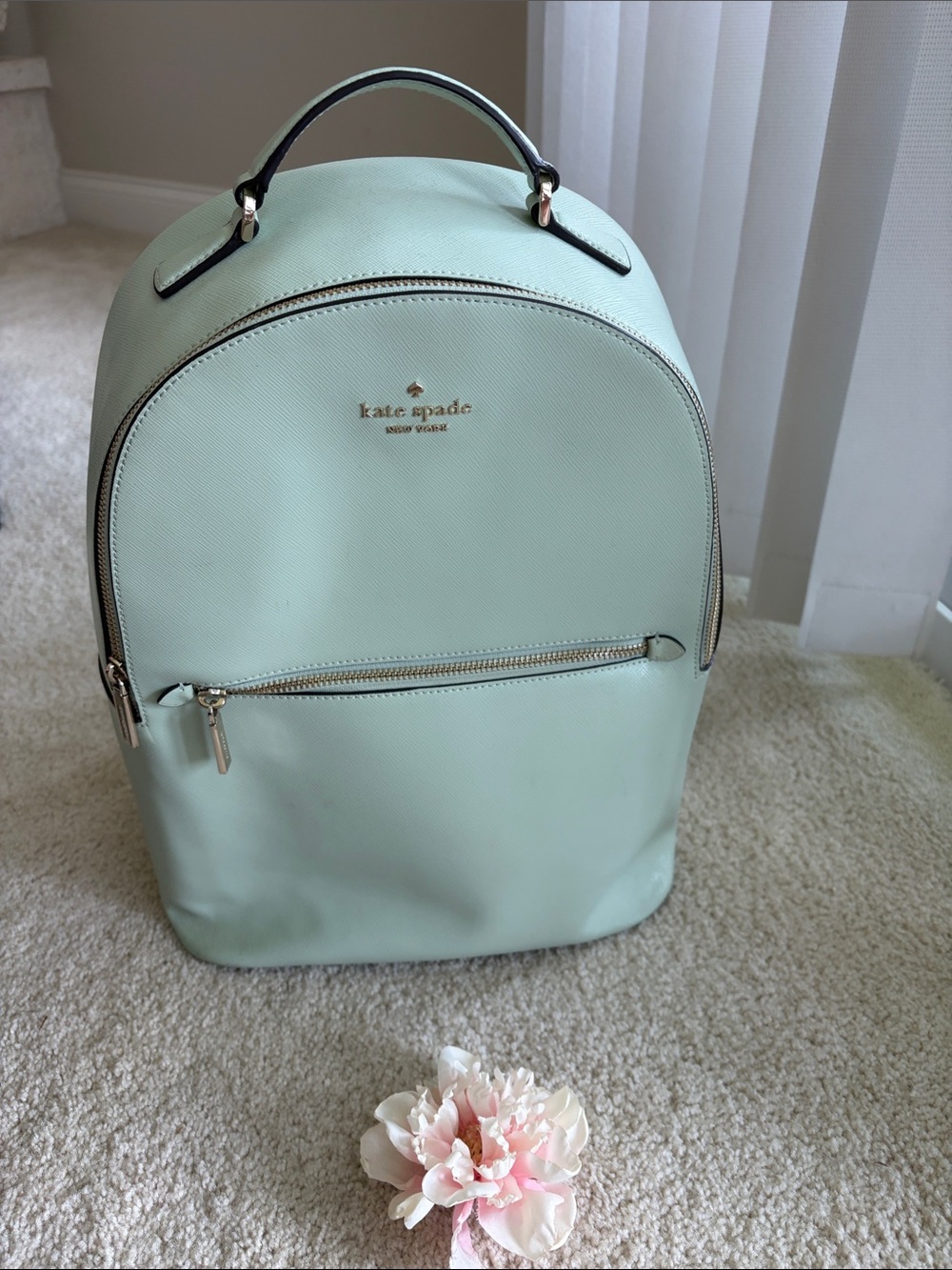 kate spade Mint Green Saffiano Leather Backpack with Gold Hardware
